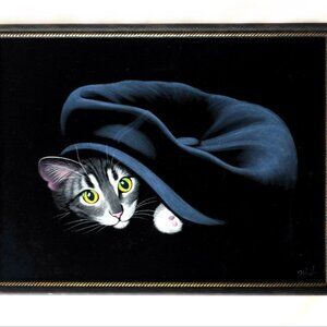 Original Oil On Velvet Canvas Painting Cat Signed by Artist Framed 12×16 in